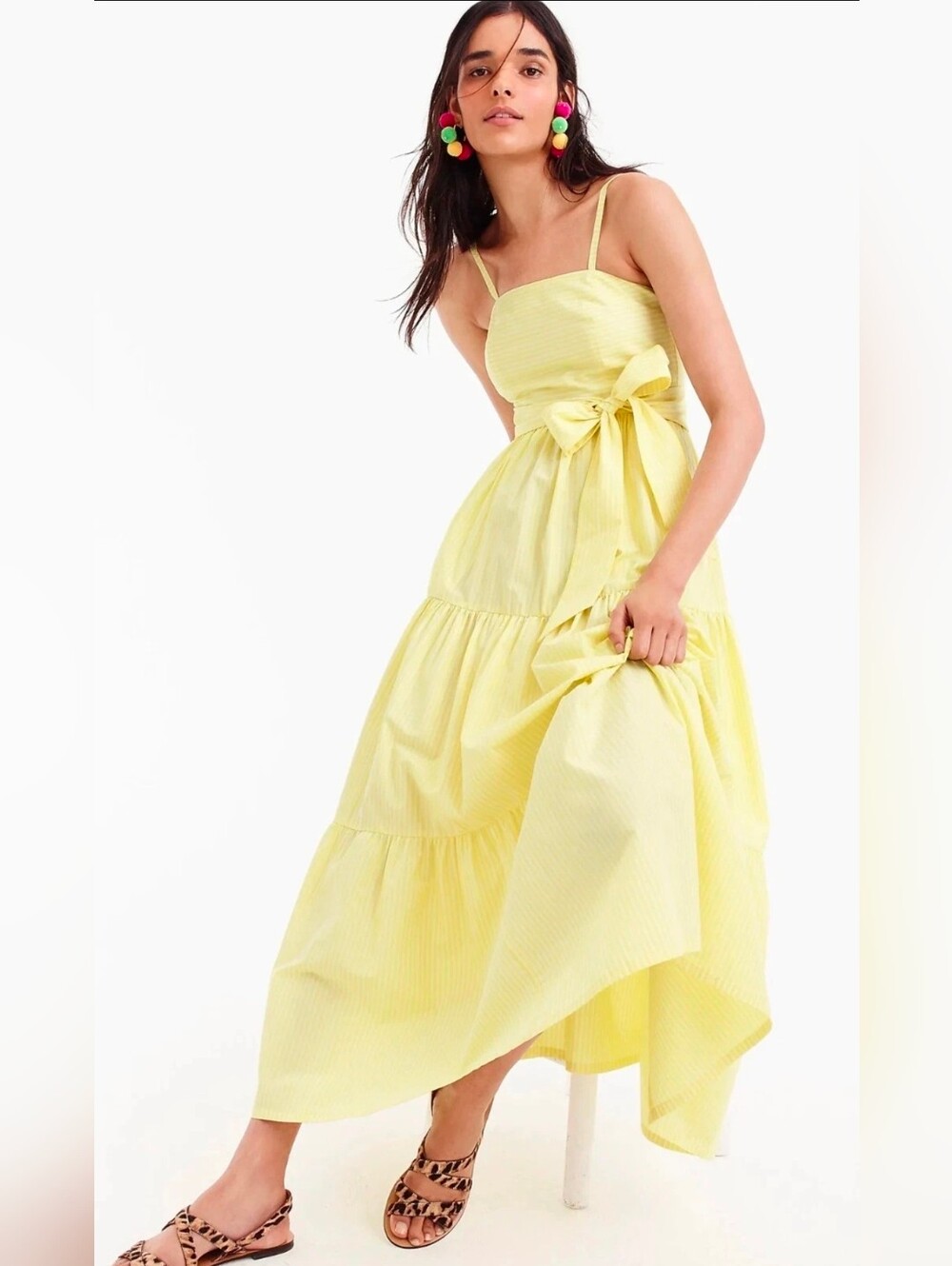 NWT J.Crew Tiered Maxi in Bitter Lemon White Stripe Tie Waist Cotton Dress 8T
